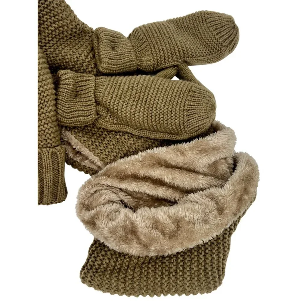NWT 3 Piece Taupe Winter Faux Fur Lined Beanie Hat Infinity Scarf & Mittens Set - Picture 3 of 6
